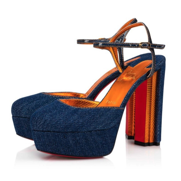 Christian Louboutin Coluna Pump 130 Denim Blue Gold Ankle Strap Platform Heel 41 - Picture 1 of 12